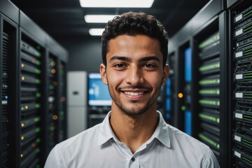close portrait of a smiling young moroccan male it worker looking at the camera, against dark server