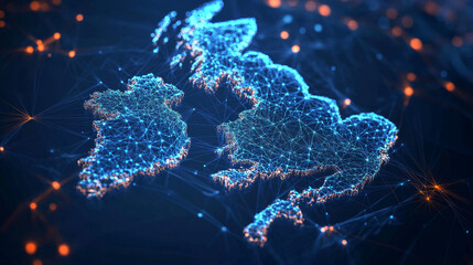hologram of great britain. map of great britain of polygons, triangles of points and lines. map of g