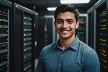 close portrait of a smiling young paraguayan male it worker looking at the camera, against dark serv