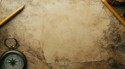 Poster - Discovering adventures with a vintage map, compass, and pencil waiting for new journeys. Generative AI