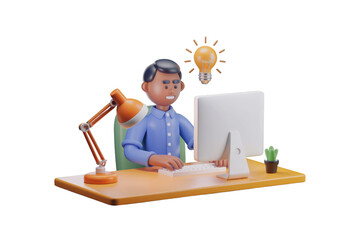 Fototapete - 3D illustration of a person working on a computer with a bright idea. background removed