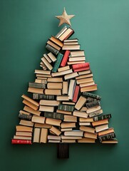 Aufkleber - Creative Christmas tree design made from stacked books on a green background for festive decor. Generative AI