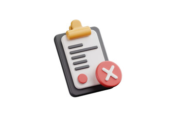 Poster - 3D rendering of a clipboard with a checklist and a red cross mark, indicating rejection or error. background removed