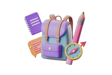 Leinwandbilder - 3D render of a backpack with school supplies, symbolizing education and adventure. background removed