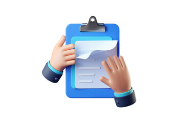 Poster - 3D rendering of hands reviewing a document on a clipboard. background removed