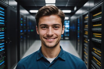 Close portrait of a smiling young Serbian male IT worker looking at the camera, against dark server room blurred background.