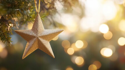 Wall Mural - Gold star ornament hanging on a Christmas tree branch, bokeh lights in background.