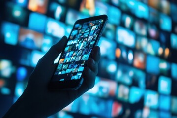 Fototapete - Smartphone displays news feed from popular social media platform with vibrant multimedia content at evening. Generative AI