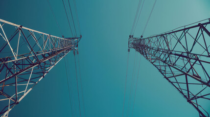 high power lines, telecommunication tower in front of blue sky