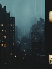 Aufkleber - Dark cityscape at night with a few illuminated windows and a foggy atmosphere creating a mysterious ambiance. Generative AI