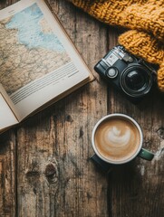 Aufkleber - Cozy travel flatlay featuring a cup of coffee, travel guide, and vintage camera on a rustic wooden table. Generative AI