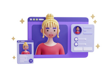 Fototapete - 3D illustration of a woman on a video call, showing her profile on a mobile device. background removed