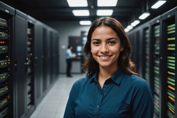 Close portrait of a smiling young Tunisian female IT worker looking at the camera, against dark server room blurred background.