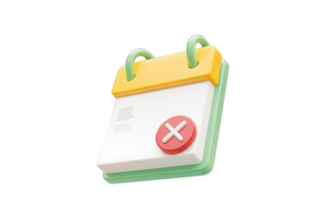 Fototapete - 3D render of a calendar icon with a red cross, indicating cancellation or deletion. background removed