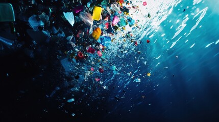 Aufkleber - Colorful plastic waste floats on deep blue ocean surface highlighting environmental pollution and its impact on marine life. Generative AI