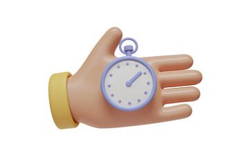Fototapete - A 3D rendered cartoon hand holding a purple stopwatch, symbolizing time management. background removed