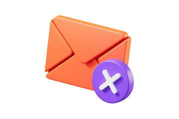 Fototapete - 3D render of an orange email envelope with a purple 'X' button, symbolizing email deletion. background removed