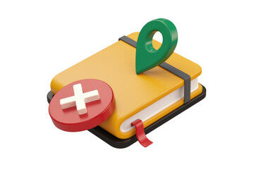 Leinwandbilder - 3D illustration of a yellow book with a plus sign, location pin, representing adding a new location to a diary or planner. background removed