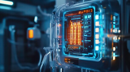 Poster - Futuristic medical device with glowing interface displaying vital signs.