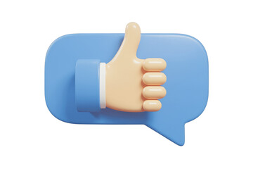 Fototapete - 3D render of a thumbs up gesture inside a blue speech bubble, symbolizing positive feedback and approval. background removed