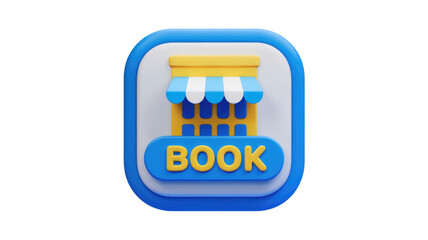 Fototapete - 3D render of a book store app icon with a blue and yellow storefront and the word 