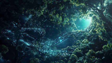 Aufkleber - Mystical forest scene with glowing particles and technological elements.