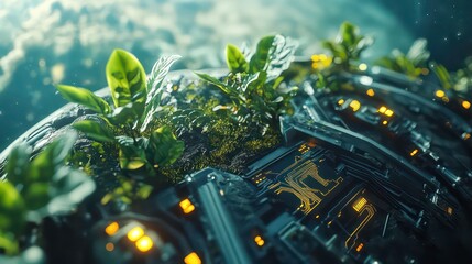 Aufkleber - Futuristic biosphere with thriving green plants growing on a technological surface.