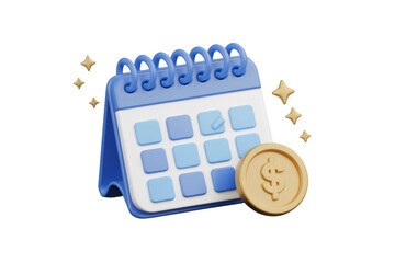 Poster - 3D render of a blue calendar with a gold coin, symbolizing financial planning and scheduling. background removed