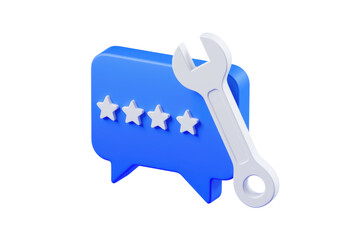 Fototapete - 3D render of a blue speech bubble with four stars and a wrench, signifying feedback and repair. background removed