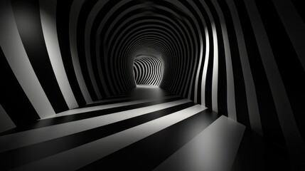 Wall Mural - Abstract black and white striped tunnel leading to light.