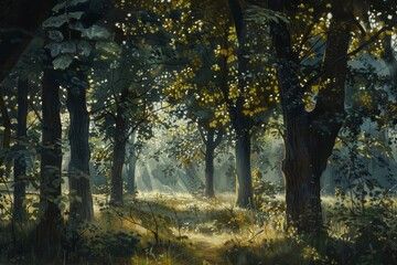 Poster - Sunlight filters through dense forest trees, creating a serene and mystical atmosphere in a secluded woodland area