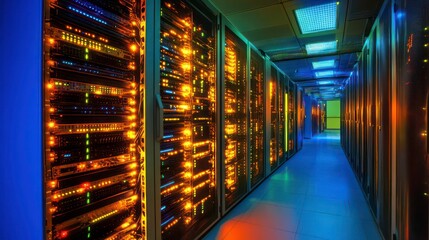 Poster - Illuminated server room corridor with rows of data center racks.