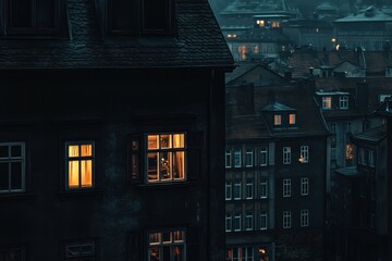 Aufkleber - Evening in the city with scattered lights in dark buildings reflecting quiet urban life. Generative AI