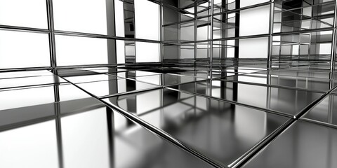 Abstract metallic structure with reflective surfaces and grid pattern.