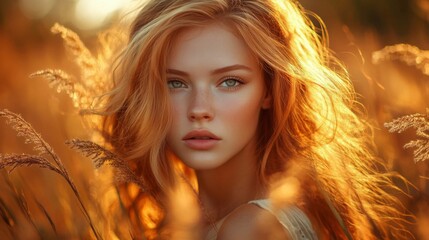 Wall Mural - Red haired woman in golden sunlight field