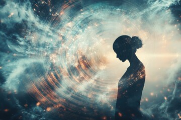 Aufkleber - Human silhouette immersed in a whirlwind of lines and spirals represents deep feelings of loneliness and isolation. Generative AI