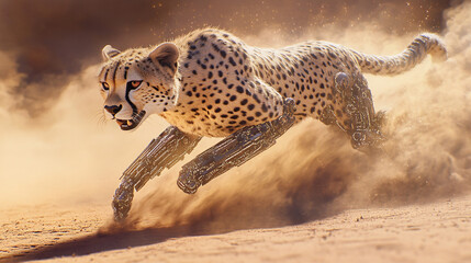 Wall Mural - A cheetah with cybernetic legs sprinting through a desert landscape, leaving a trail of holographic dust behind it, symbolizing speed and technological enhancement.  