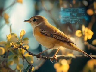 Wall Mural - Bird perched on a branch with digital holographic bird-watching information floating above, soft warm light, sleek modern nature observation vibe