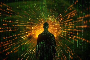 Fototapete - Silhouette of a woman with glasses in front of glowing digital data at night exploring technology and programming concepts