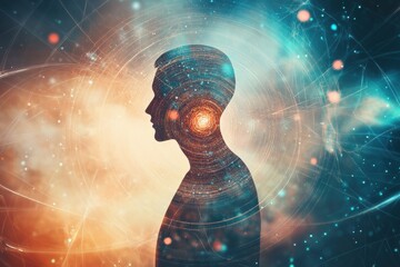Aufkleber - Human silhouette encircled by abstract whirlwind depicting emotional turmoil and loneliness in a vibrant cosmic environment. Generative AI