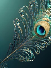 Aufkleber - Close up view of a peacock feather adorned with dew drops against a soft background showcasing vibrant colors and textures. Generative AI