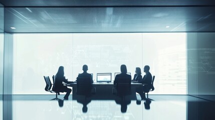 Corporate team engaged in a high-tech meeting room. Featuring digital displays and interactive tools