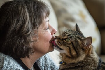 A middle aged woman relaxes at home with her pets a dog affectionately licks her cheek and a cat lounges on the couch