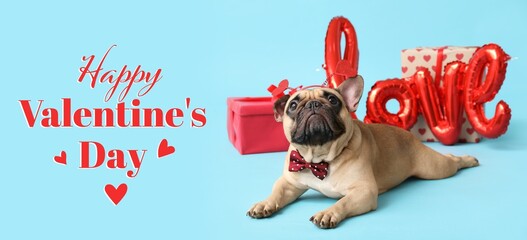 Wall Mural - Cute bulldog, gift boxes and balloon in shape of word LOVE on light blue background. Banner for Valentine's Day celebration