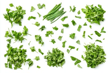 Wall Mural - Assortment of fresh Mediterranean herbs parsley chives arugula arranged on a white surface for culinary design aerial view