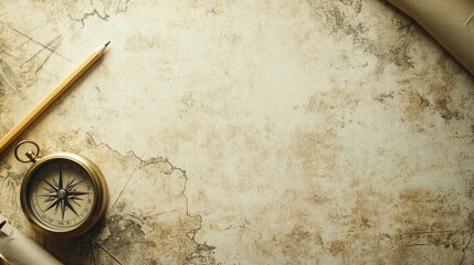Poster - Vintage map and compass with pencil on textured background for creative mockup. Generative AI