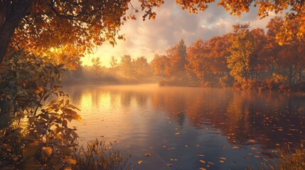 Canvas Print - Serene autumn sunrise over calm lake with colorful foliage reflecting in the water.