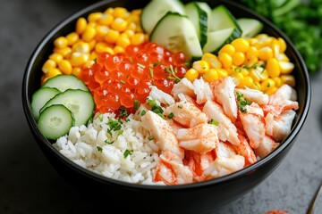 Wall Mural - Bowl of imitation crab salad featuring crab sticks corn eggs cucumber and rice seen from above