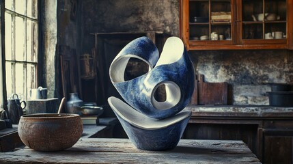 Poster - Abstract blue and white ceramic sculpture in artist's studio.