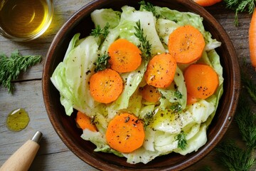 Poster - Close up of a bowl containing a fresh cabbage and carrot salad drizzled with olive oil viewed from above